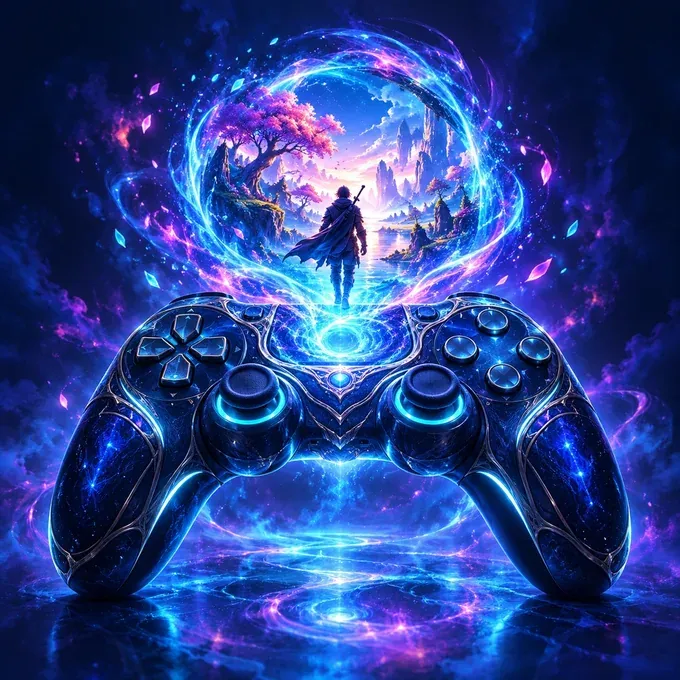 A glowing game controller opening a portal to a fantasy world