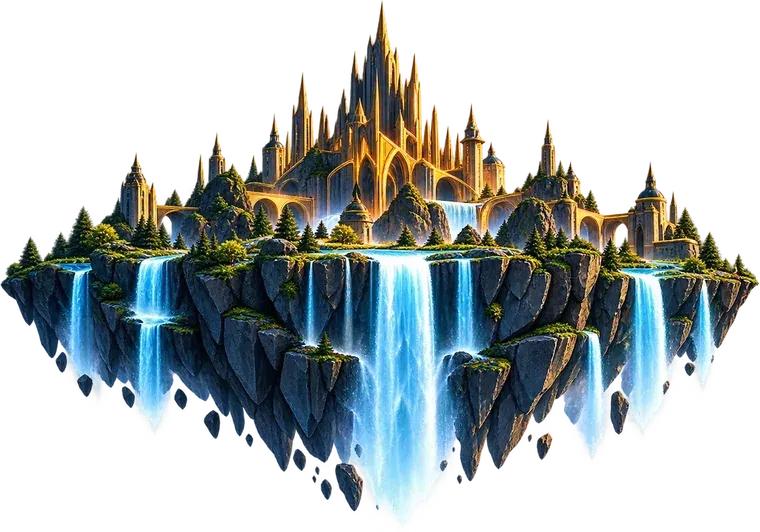 A floating mountain with glowing waterfalls