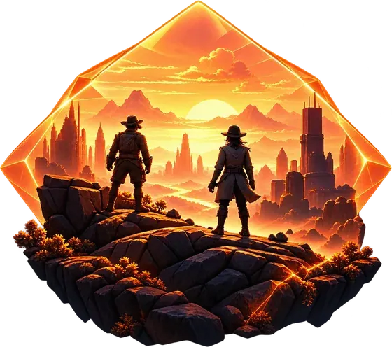 Two explorers at a sunset portal