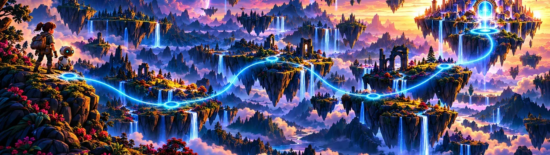 Floating islands with waterfalls under a large moon