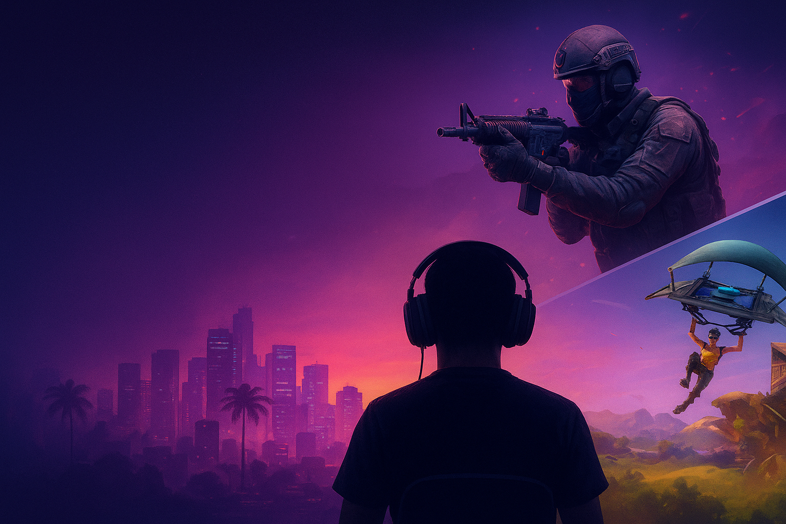 "Latest trending games artwork featuring a gamer, soldier, and action scene."