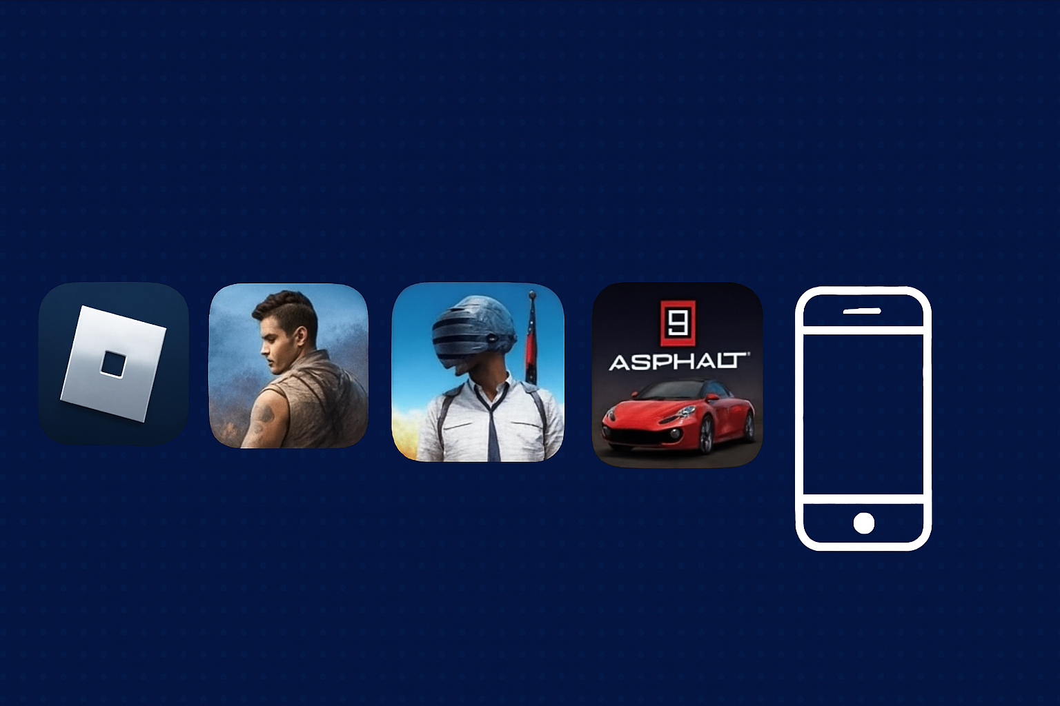 Top mobile games 2025 icons featuring Roblox, Free Fire, PUBG Mobile, and Asphalt 9.