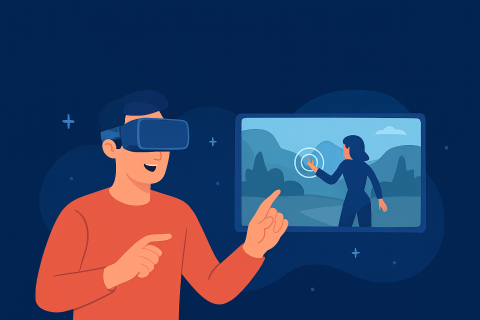 “AR/VR Gaming 2025 illustration showing a person using a VR headset and interacting with a virtual world.”