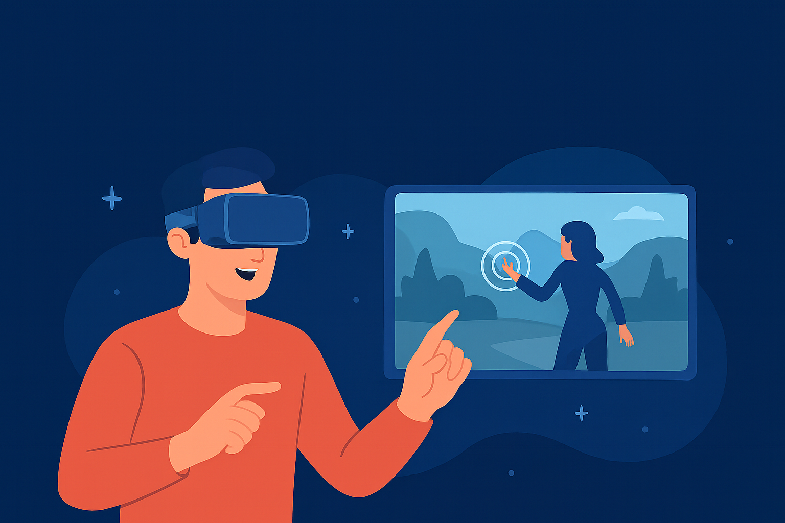 “AR/VR Gaming 2025 illustration showing a person using a VR headset and interacting with a virtual world.”