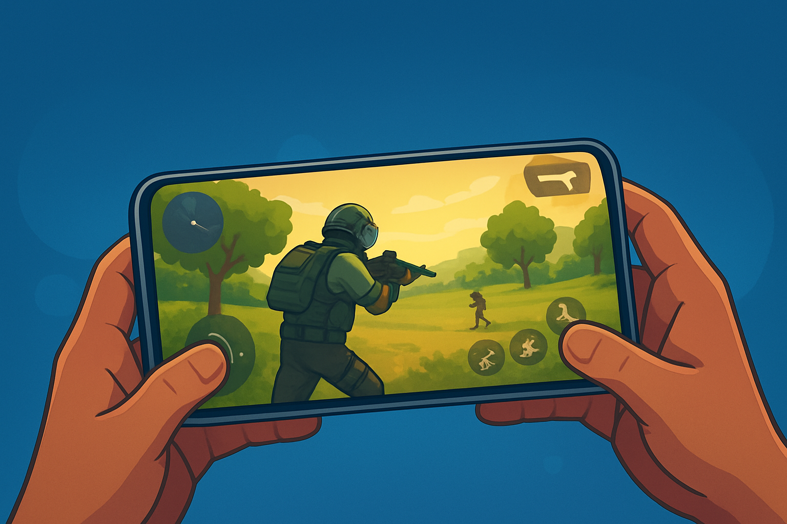 "A person holding a smartphone while playing a modern mobile shooter game, representing the rise of mobile gaming in 2025."
