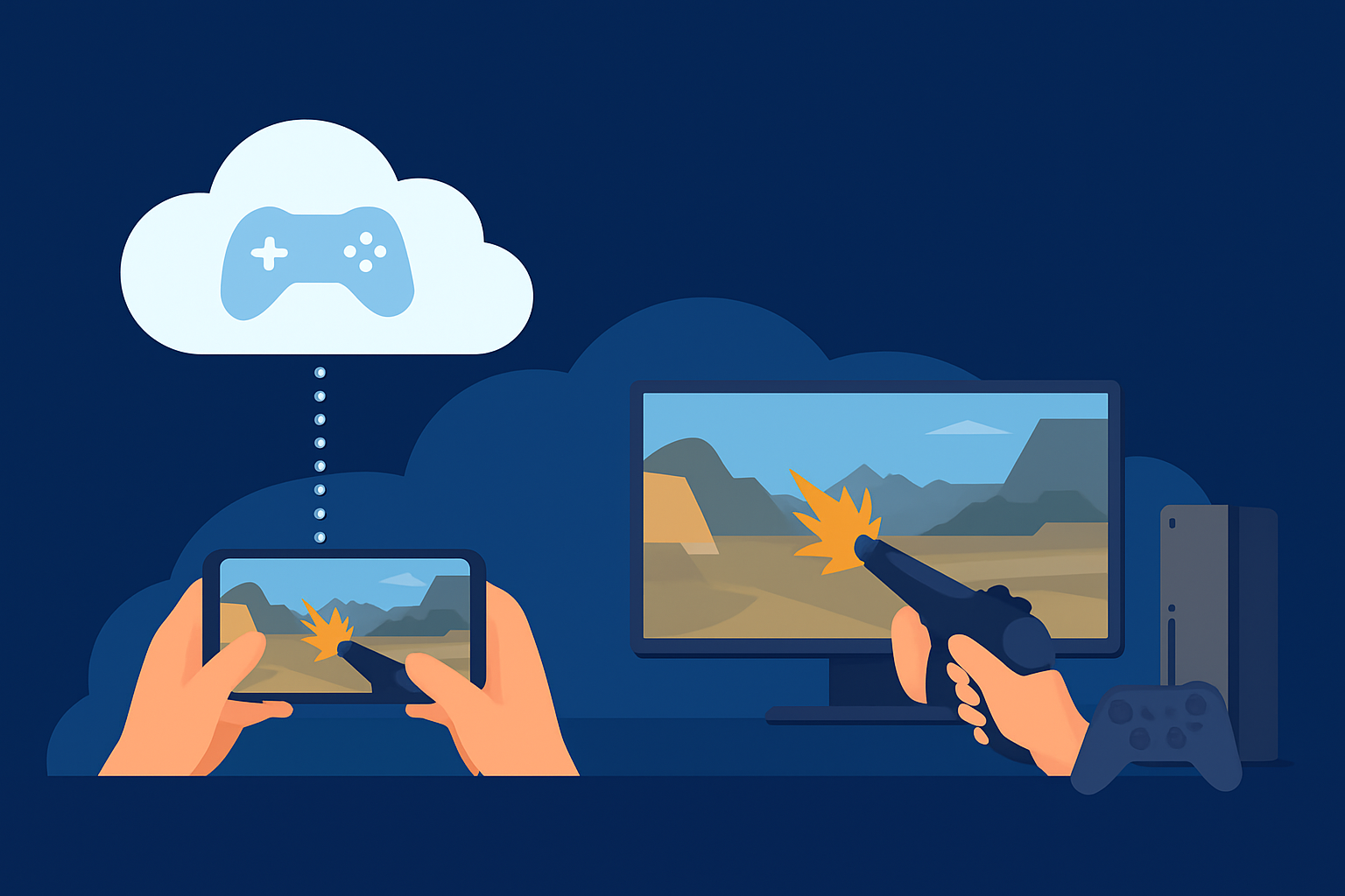 "Cloud gaming in 2025 on mobile and TV showing cross-platform gameplay."